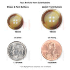Four Vegan Faux Horn Suit Buttons are shown above a US dime and penny for size comparison, with button sizes labeled in millimeters.