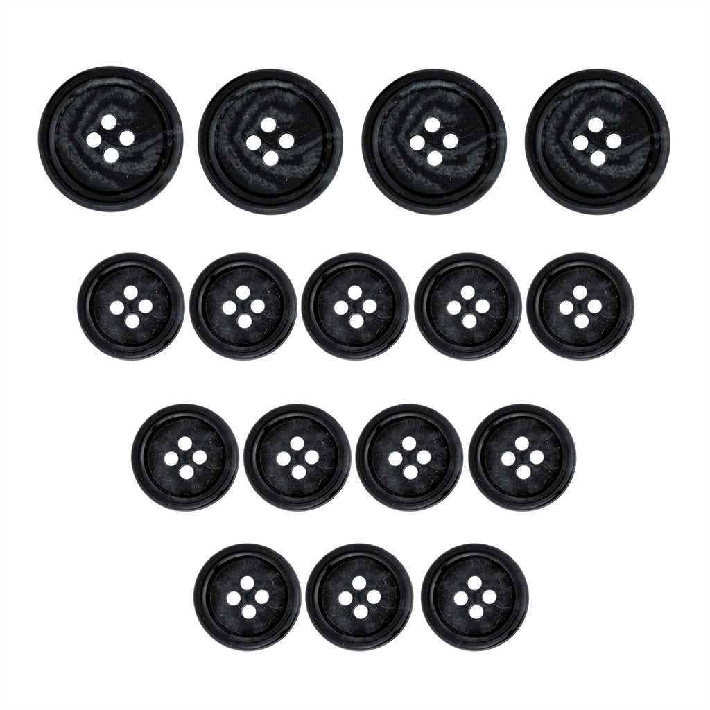 Fourteen Regular Suit Buttons in black, each with four holes, are arranged in an inverted triangle on a white background—perfect as replacements.