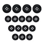 Fourteen Regular Suit Buttons in black, each with four holes, are arranged in an inverted triangle on a white background—perfect as replacements.