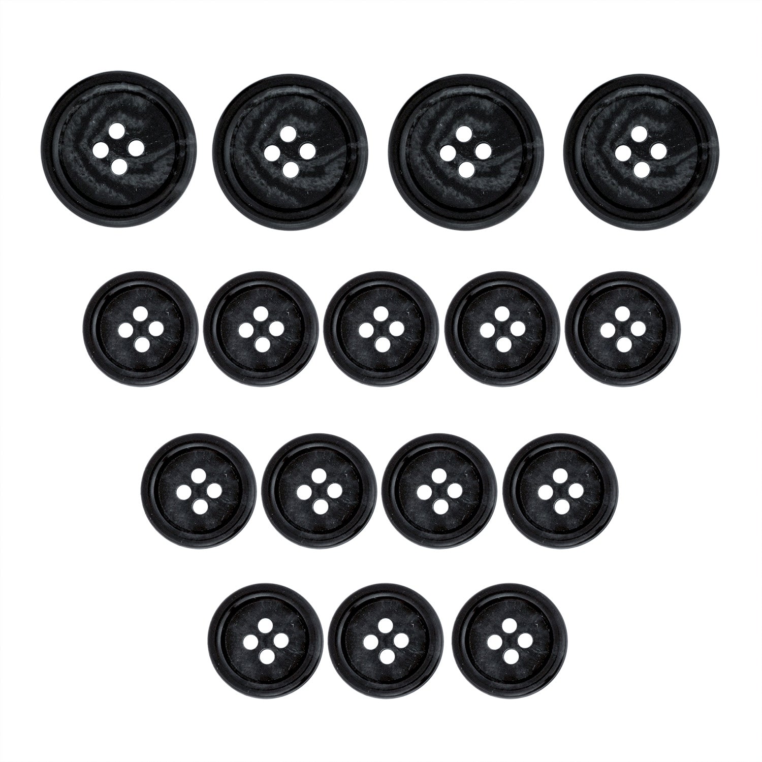 Fourteen Regular Suit Buttons in black, each with four holes, are arranged in an inverted triangle on a white background—perfect as replacements.