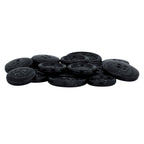 A pile of Regular Suit Buttons—black, round, with four holes—displayed on a white background.
