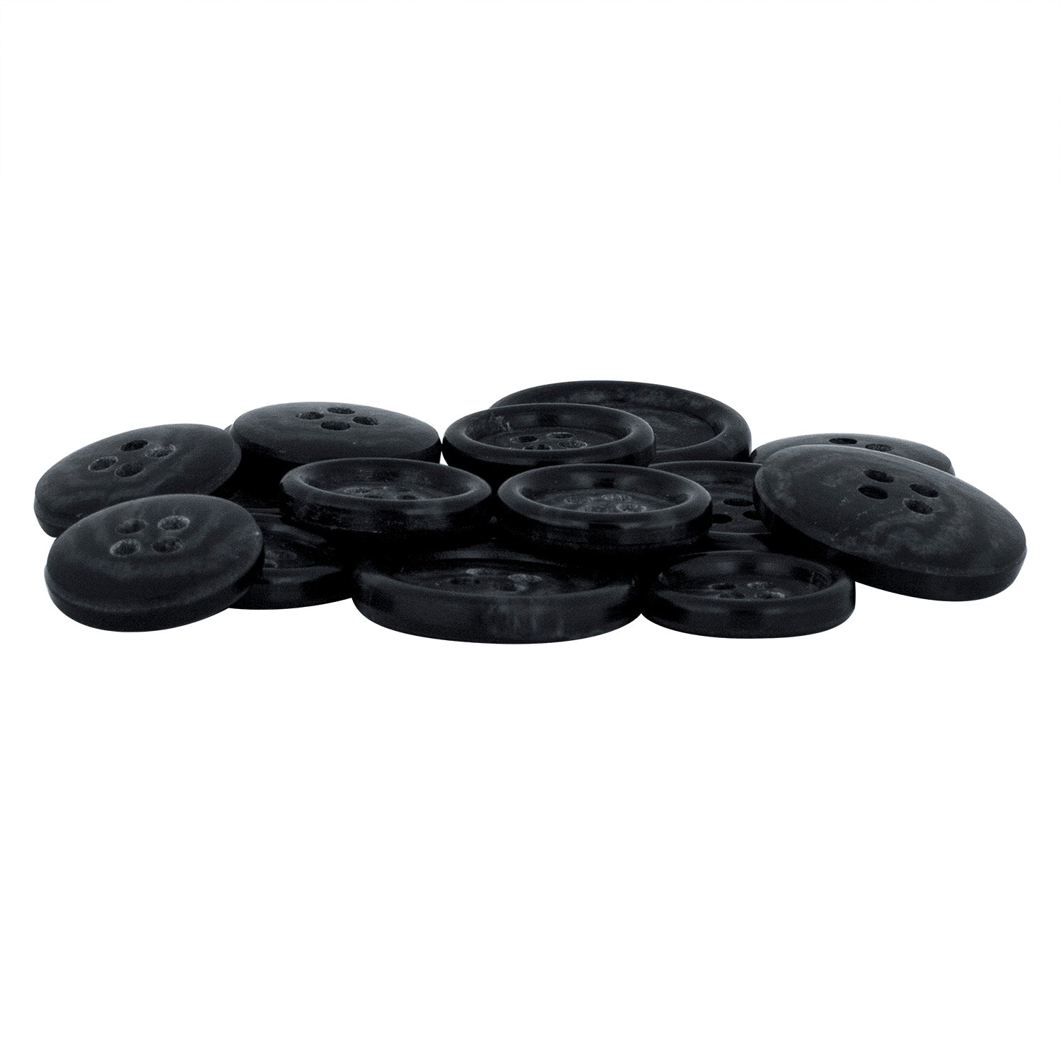 A pile of Regular Suit Buttons—black, round, with four holes—displayed on a white background.