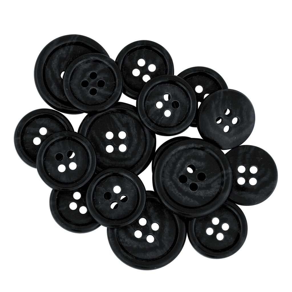 A cluster of Regular Suit Buttons in black, each with four holes, arranged on a white background—ideal as replacement buttons for your garments.