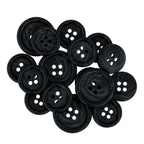 A cluster of Regular Suit Buttons in black, each with four holes, arranged on a white background—ideal as replacement buttons for your garments.