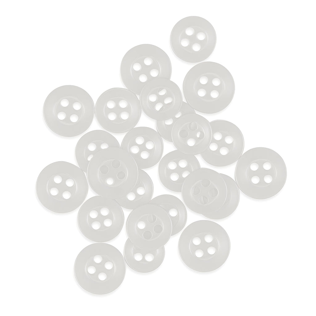A pile of round, white Replacement Shirt Buttons with a matte finish and four holes each—ideal for any tailor’s kit.