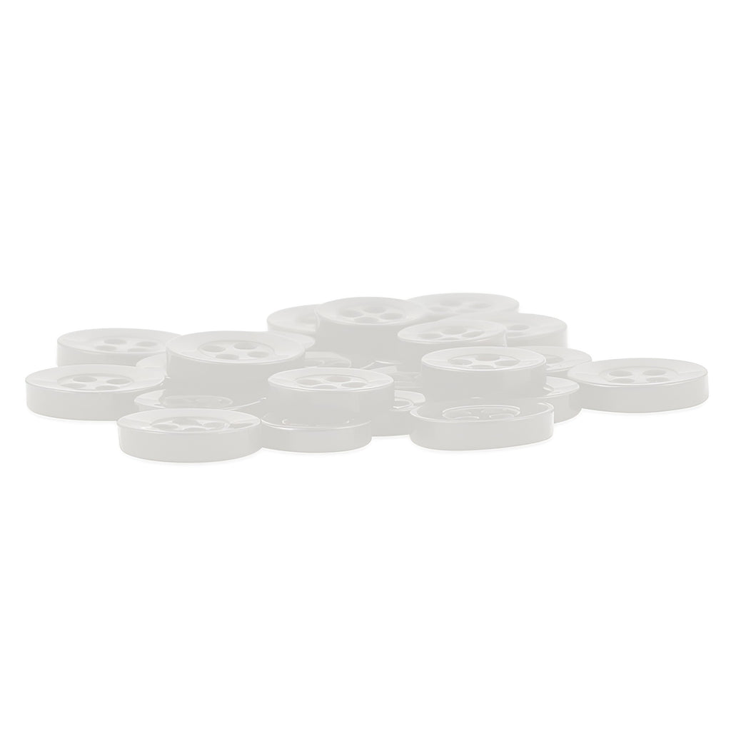 A stack of Replacement Shirt Buttons—small, white, round poly-nylon with four holes and a matte finish—arranged on a white background.
