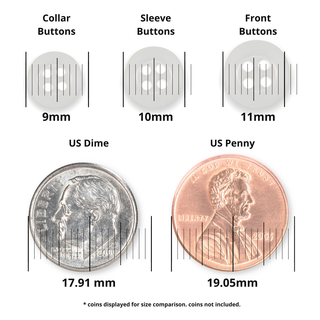 Three white Replacement Shirt Buttons in assorted sizes with a matte finish are shown above a US dime and penny, alongside millimeter measurements—perfect for any tailor’s button kit.