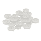 A pile of Replacement Shirt Buttons, small, round, and white with a matte finish, rests on a white background.