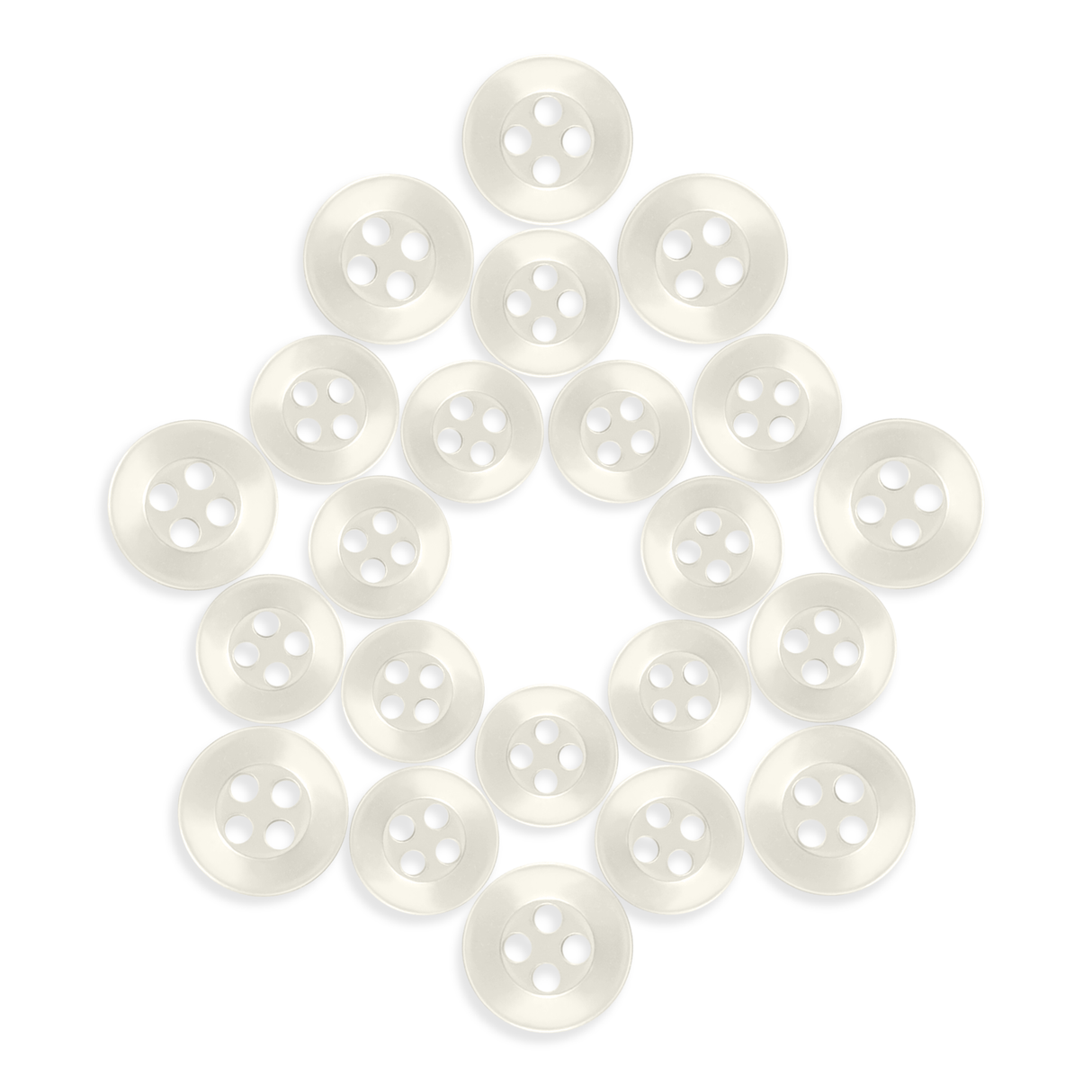 Twenty Replacement Shirt Buttons, arranged in a five-point star pattern on a white background—these durable buttons are an ideal addition to any tailor's kit.