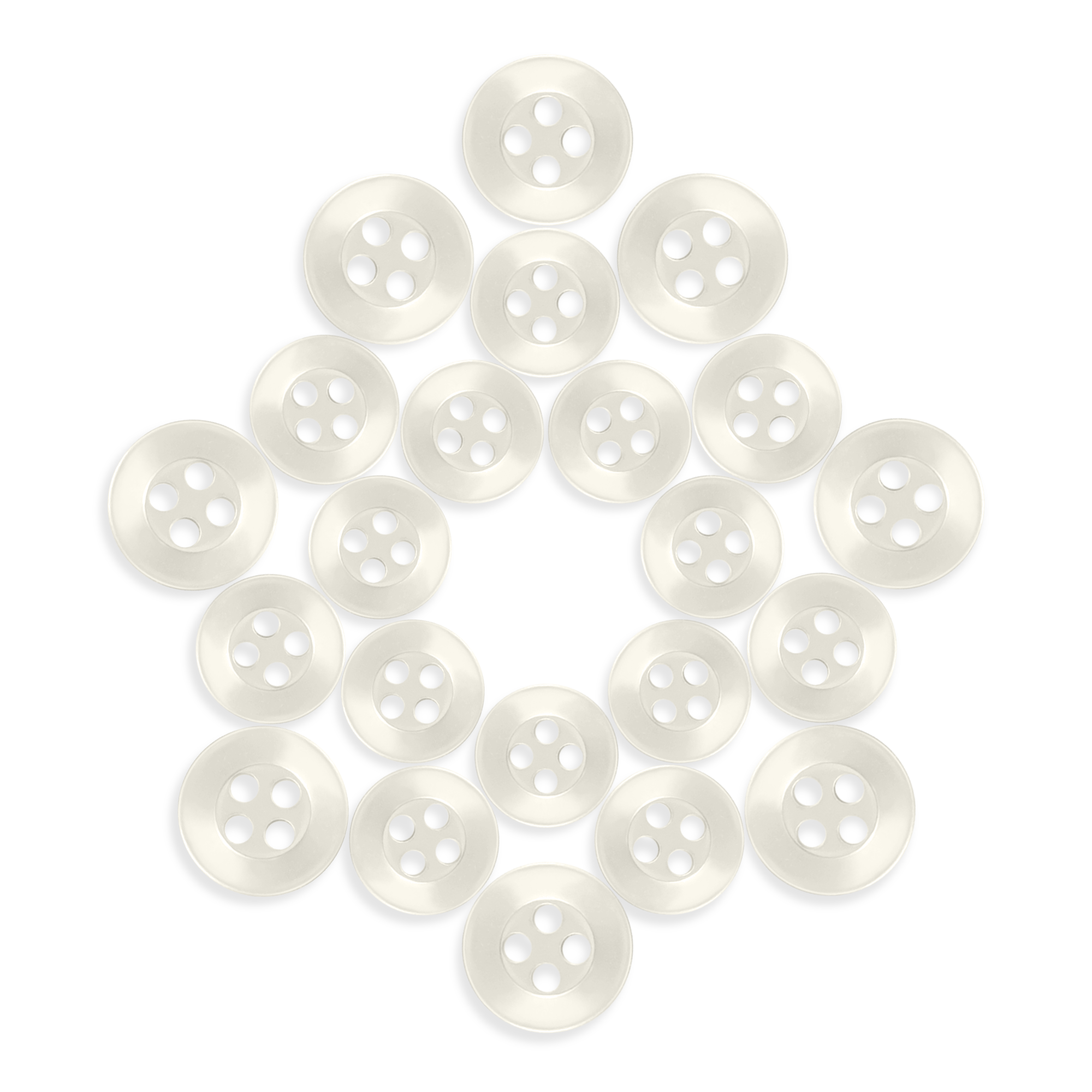 Twenty Replacement Shirt Buttons, arranged in a five-point star pattern on a white background—these durable buttons are an ideal addition to any tailor's kit.