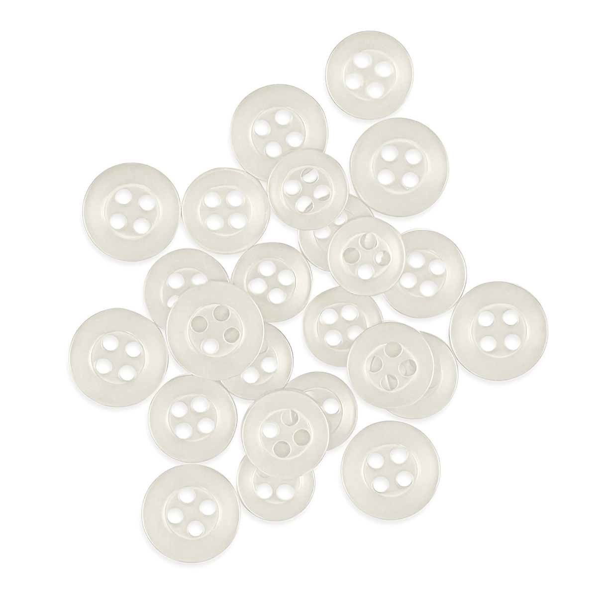 A group of durable Replacement Shirt Buttons, white four-hole Poly-Nylon type, scattered on a white background.