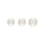 Three Replacement Shirt Buttons, white and four-hole, durable poly-nylon in assorted sizes, are arranged horizontally on a white background—ideal for any tailor's kit.