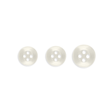Three Replacement Shirt Buttons, white and four-hole, durable poly-nylon in assorted sizes, are arranged horizontally on a white background—ideal for any tailor's kit.