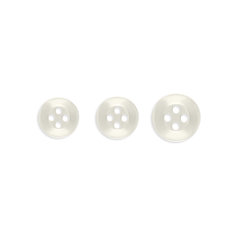 Three Replacement Shirt Buttons, white and four-hole, durable poly-nylon in assorted sizes, are arranged horizontally on a white background—ideal for any tailor's kit.
