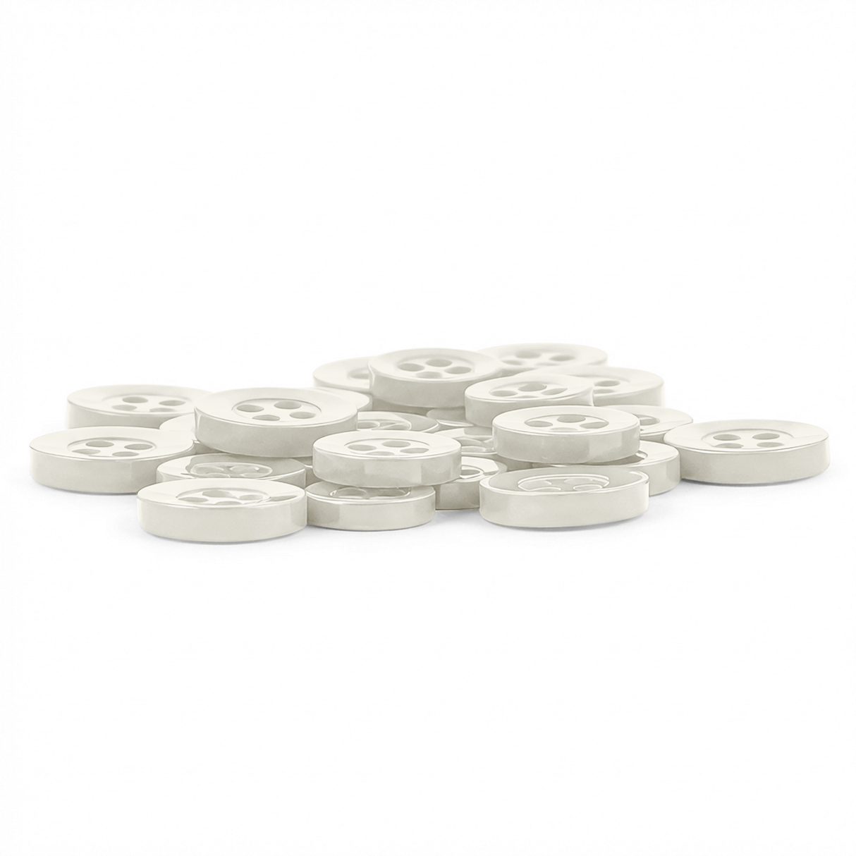 A set of Replacement Shirt Buttons—small, round, white, durable with four holes—displayed on a white background.
