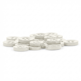 A set of Replacement Shirt Buttons—small, round, white, durable with four holes—displayed on a white background.