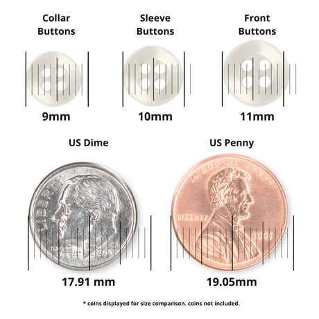 The Replacement Shirt Buttons pack displays durable buttons alongside a US dime and penny, all shown with diameters for size comparison.