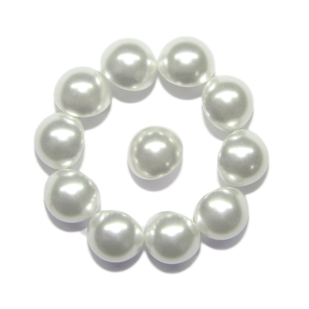 Ten white Dome Faux Pearl Bridal Buttons with metal loop backs, arranged in a circle with one at the center, evoke the elegant look of blouse buttons on a crisp white background.