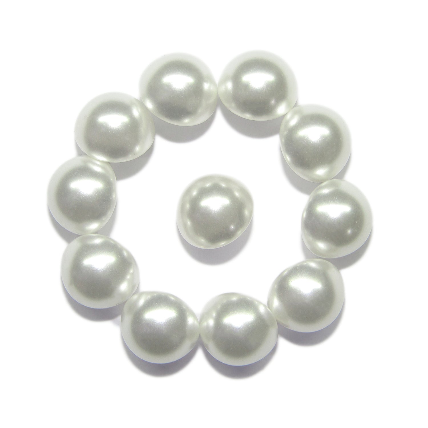 Ten white Dome Faux Pearl Bridal Buttons with metal loop backs, arranged in a circle with one at the center, evoke the elegant look of blouse buttons on a crisp white background.