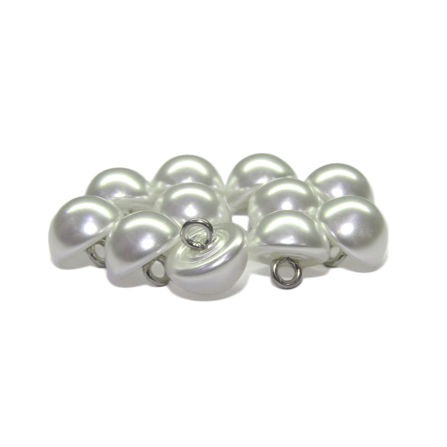 Dome Faux Pearl Bridal Buttons with metal loop backs, shiny white and half-round, perfect for jewelry making or as elegant dome-shaped blouse buttons.