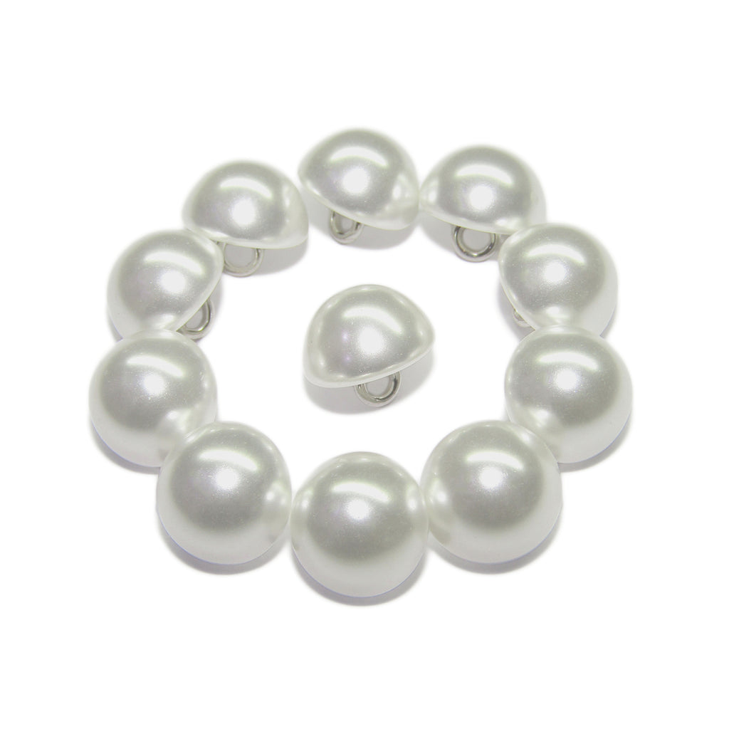 Ten Dome Faux Pearl Bridal Buttons with metal loop backs, featuring white half-round "pearl" tops and silver loops, are arranged in a circle—perfect for replacing blouse buttons or adding bustle buttons to garments.