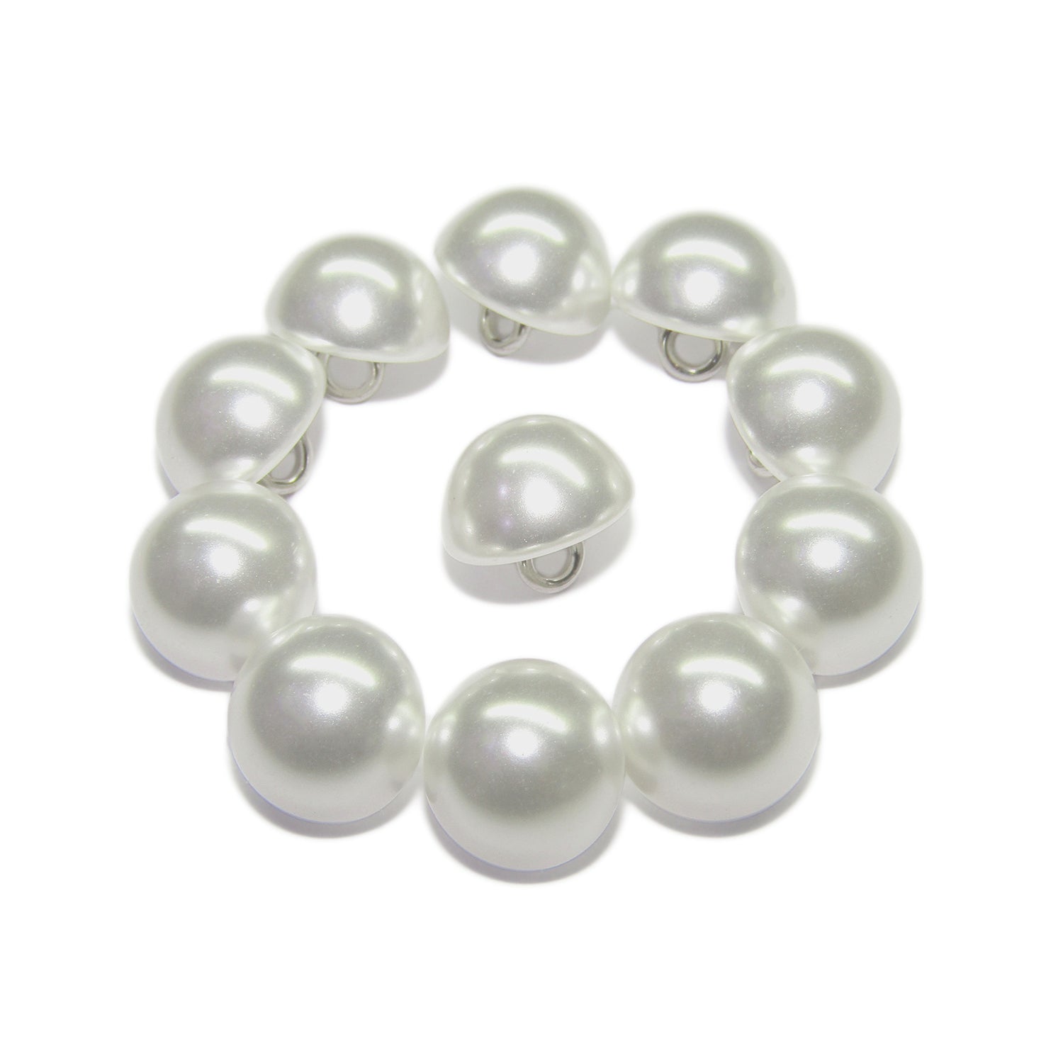 Ten Dome Faux Pearl Bridal Buttons with metal loop backs, featuring white half-round "pearl" tops and silver loops, are arranged in a circle—perfect for replacing blouse buttons or adding bustle buttons to garments.