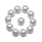 Eleven Dome Faux Pearl Bridal Buttons with metal loop back, resembling shiny white pearls, are arranged in a circle on a white background.