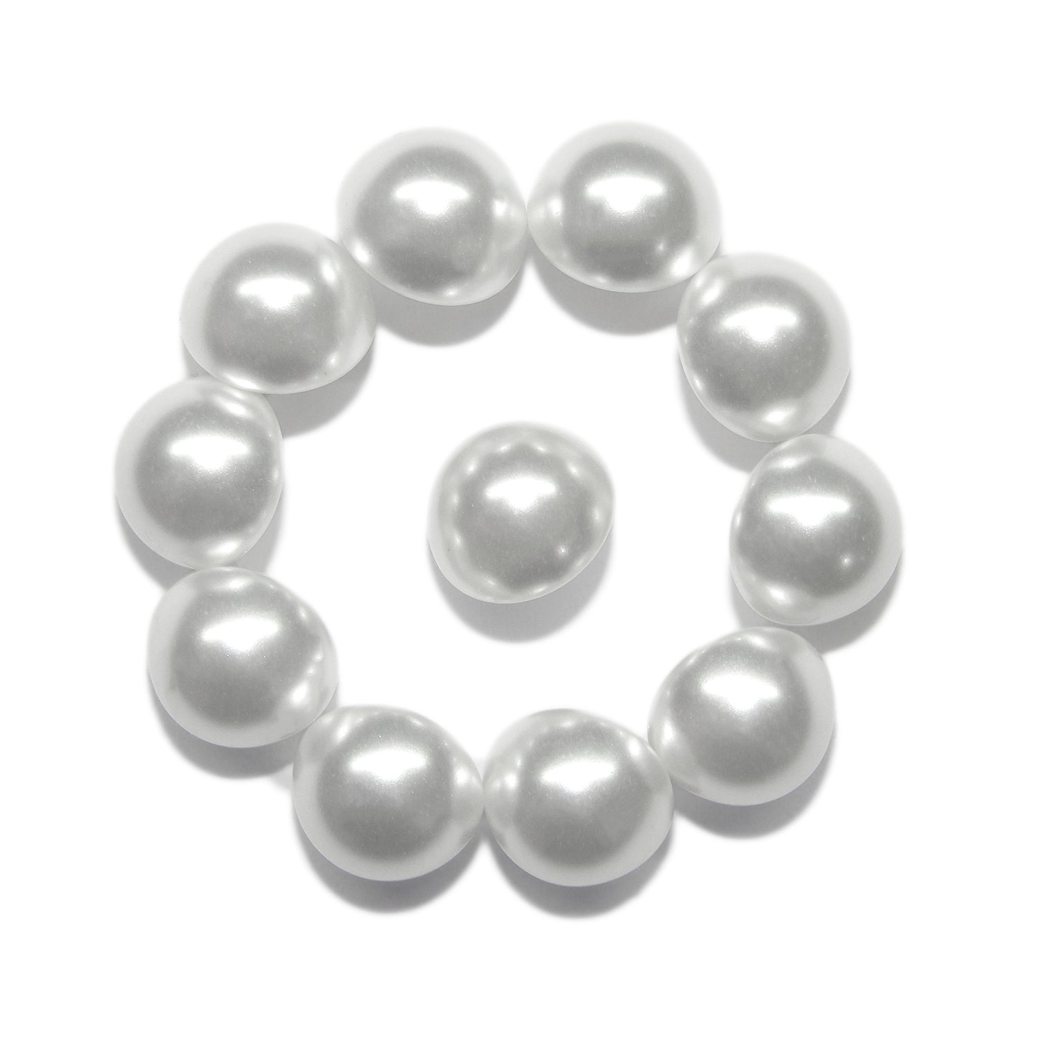 Eleven Dome Faux Pearl Bridal Buttons with metal loop back, resembling shiny white pearls, are arranged in a circle on a white background.