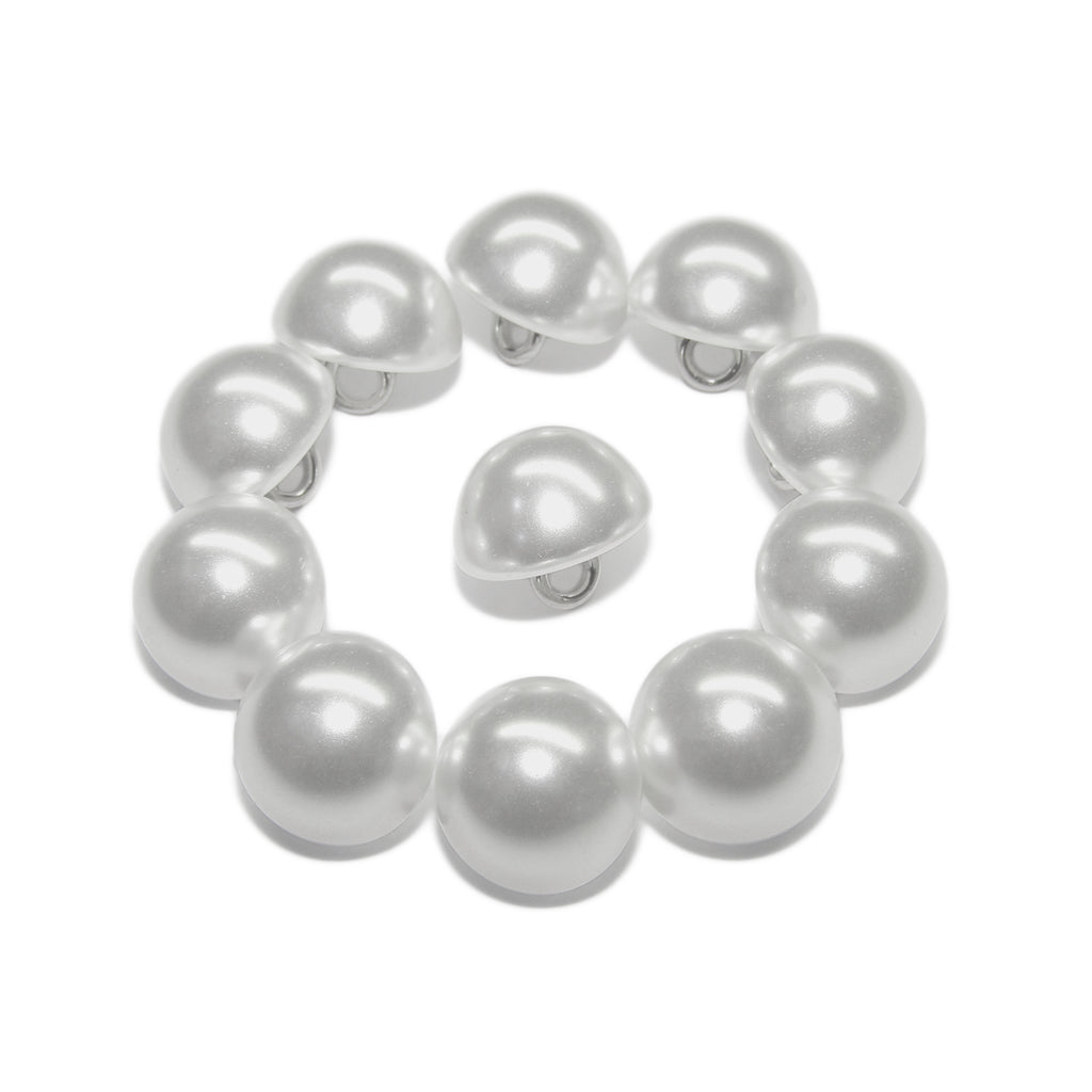A circle of ten Dome Faux Pearl Bridal Buttons with metal loop backs, resembling white half-spheres, is arranged with one in the center on a white background.