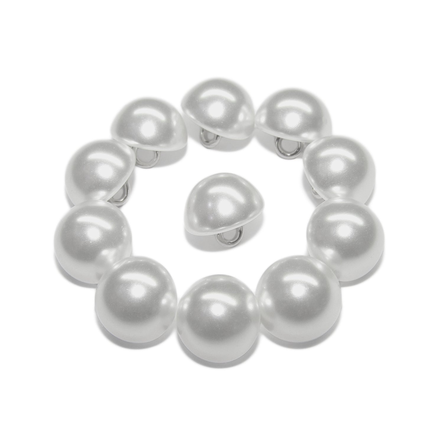 A circle of ten Dome Faux Pearl Bridal Buttons with metal loop backs, resembling white half-spheres, is arranged with one in the center on a white background.