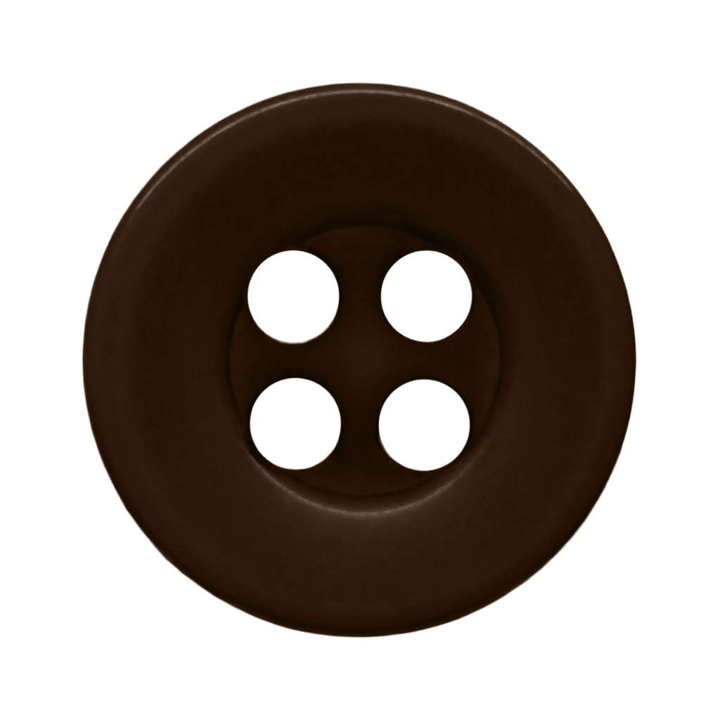 A round, dark brown, four-hole button made of durable nylon—ideal for workshop uniform shirts—shown from above on a white background.