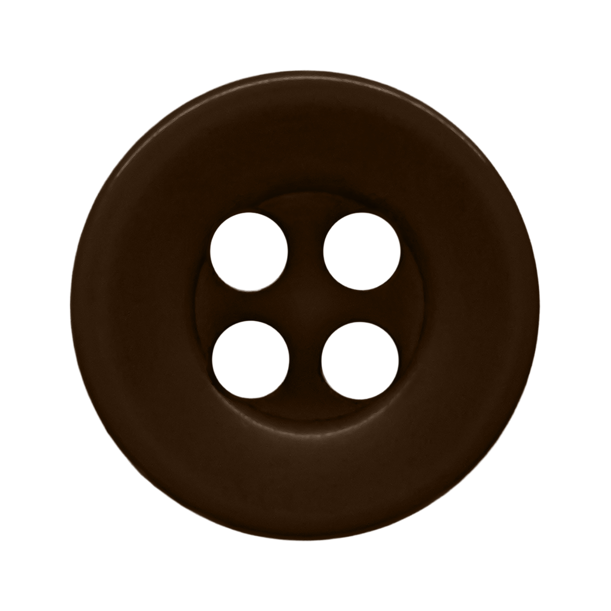 A round, dark brown, four-hole button made of durable nylon—ideal for workshop uniform shirts—shown from above on a white background.