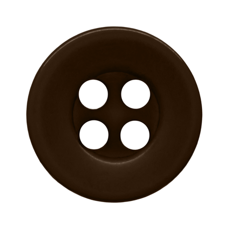 A round, dark brown, four-hole button made of durable nylon—ideal for workshop uniform shirts—shown from above on a white background.