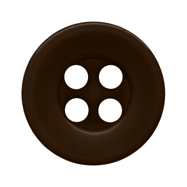 A round, dark brown, four-hole button made of durable nylon—ideal for workshop uniform shirts—shown from above on a white background.