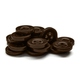 A pile of dark brown, chocolate button-shaped candies on a white background, resembling Workshop Uniform Shirt Buttons.