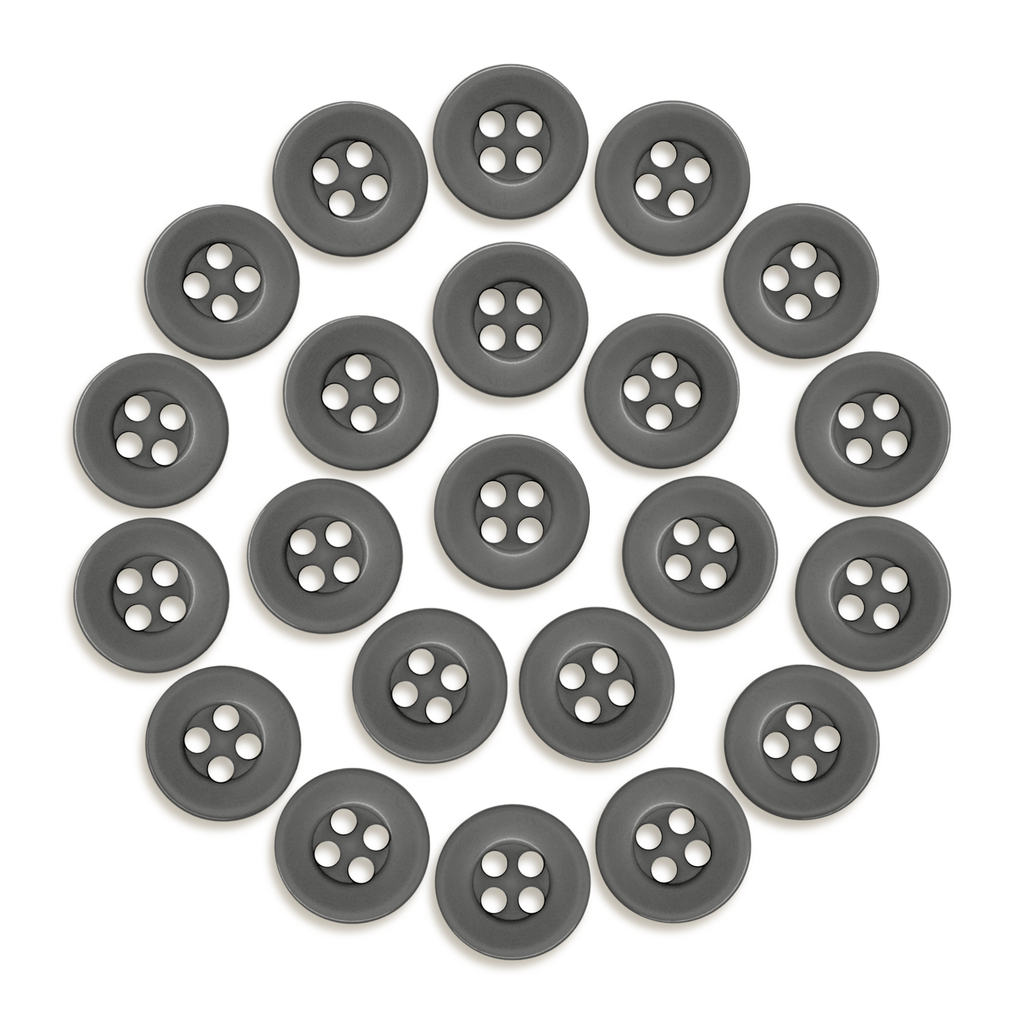 Twenty-four Workshop Uniform Shirt Buttons in gray, arranged neatly in a circle on a white background.