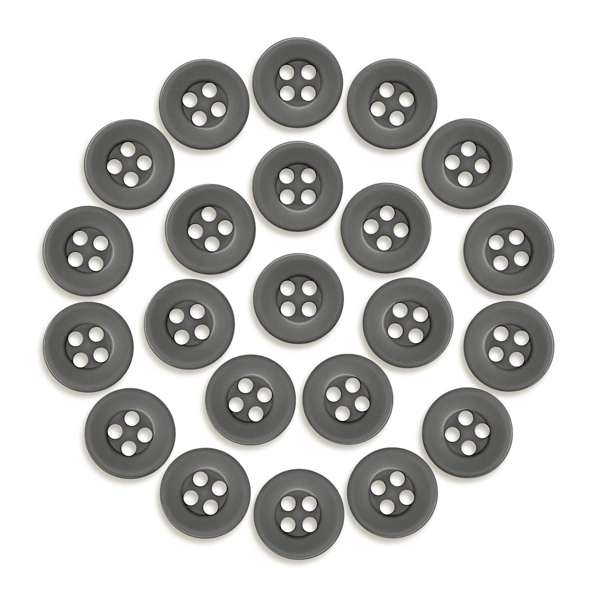 Twenty-four Workshop Uniform Shirt Buttons in gray, arranged neatly in a circle on a white background.
