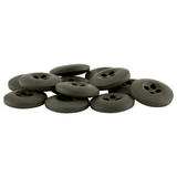 Tactical Buttons: black, four-hole melamine uniform buttons scattered on a white background.