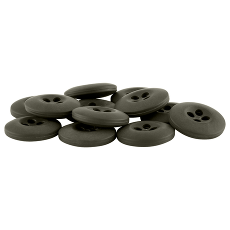 Tactical Buttons: black, four-hole melamine uniform buttons scattered on a white background.