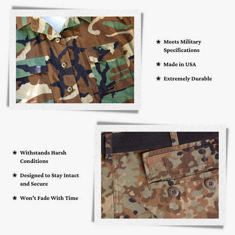 Collage of close-up camo uniforms highlights Tactical Buttons with text on durability, USA-made quality, military specs, and tactical gear fasteners.