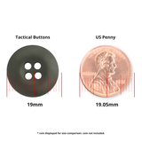 A Tactical Button (19mm, black melamine) is shown beside a 19.05mm US penny for size comparison.