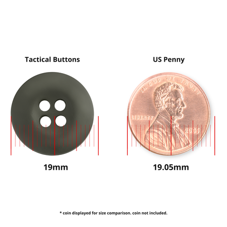 A Tactical Button (19mm, black melamine) is shown beside a 19.05mm US penny for size comparison.