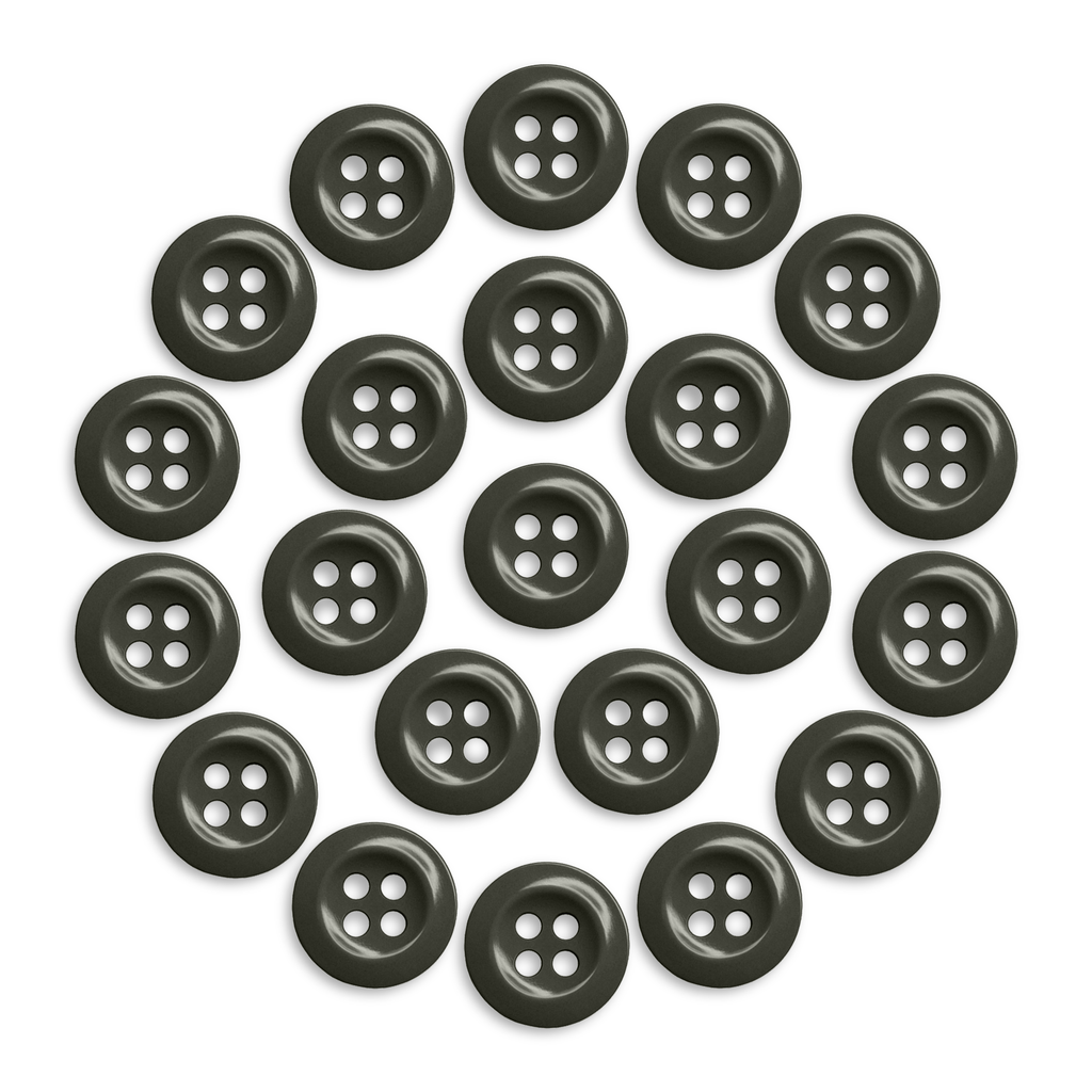 Twenty-two black Work Shirt Buttons from the 22 Pack arranged in a circular pattern on a white background.
