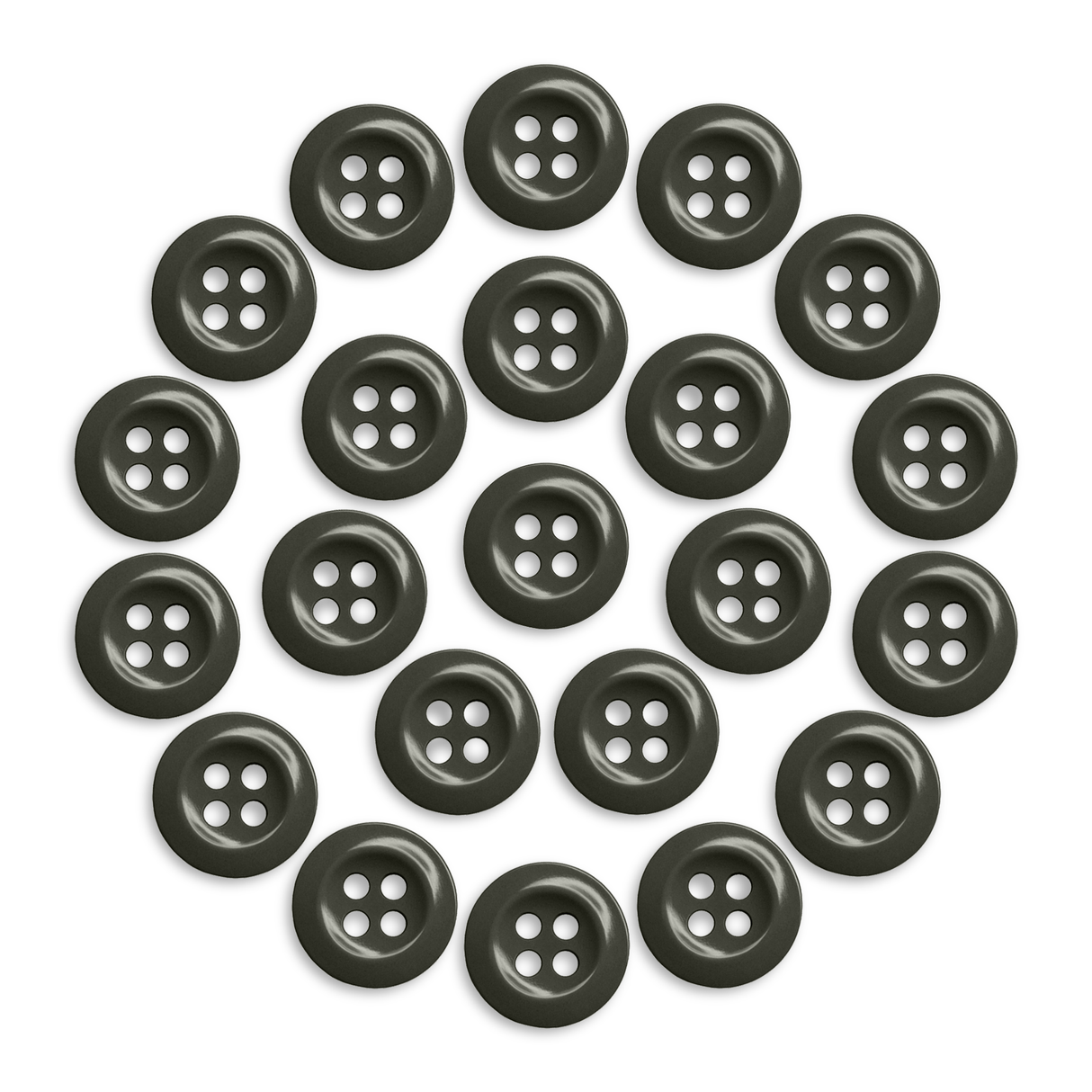 Twenty Work Shirt Buttons, black with four holes each arranged in a circular pattern, displayed on a white background.