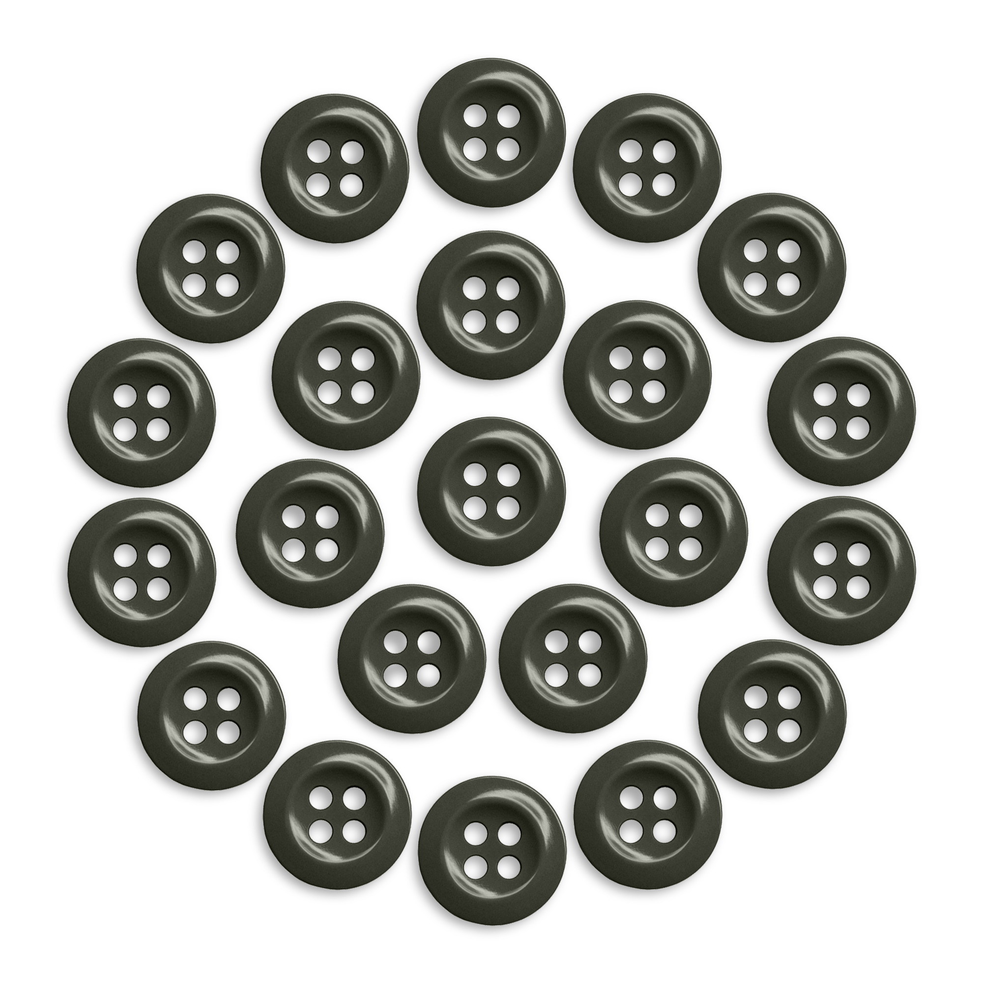 Twenty-two black Work Shirt Buttons from the 22 Pack arranged in a circular pattern on a white background.