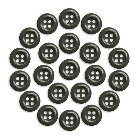 Twenty Work Shirt Buttons, black with four holes each arranged in a circular pattern, displayed on a white background.
