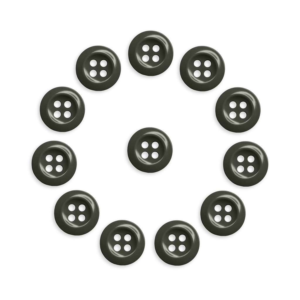 Twelve Work Shirt Buttons (12 Pack) arranged in a circle with one in the center, displayed on a white background.