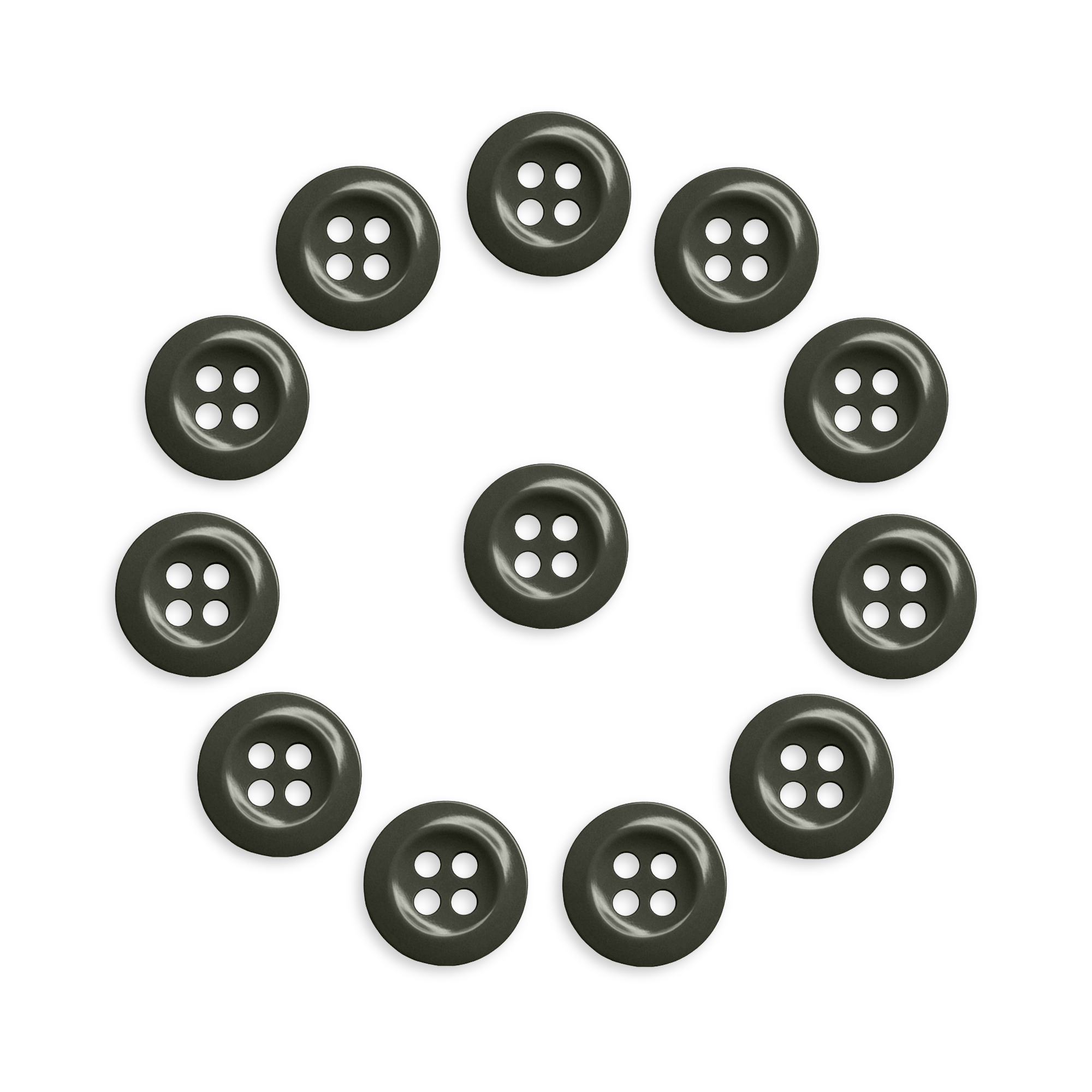 Twelve Work Shirt Buttons (12 Pack) arranged in a circle with one in the center, displayed on a white background.
