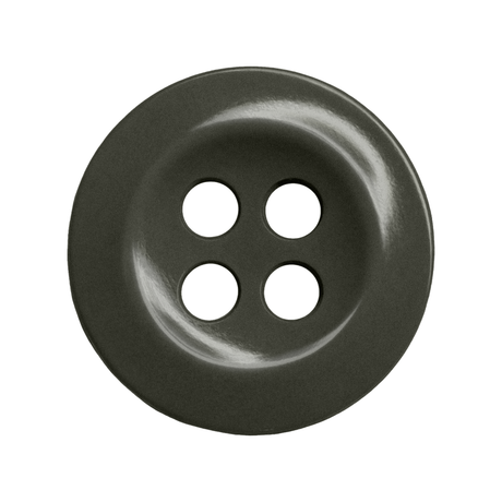 A dark gray Work Shirt Button with four holes, seen from above on a white background—perfect as a replacement for industrial uniform shirts.
