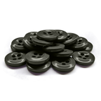 A stack of Work Shirt Buttons 22 Pack, black four-hole military spec buttons, displayed on a white surface.